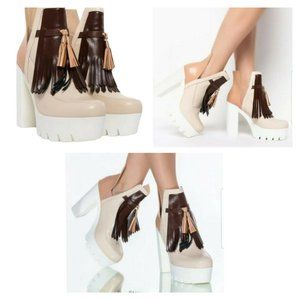 AZALEA WANG Womens Brown White Tassled Chunky Heel Shoes Platform Bootie 8.5 NEW